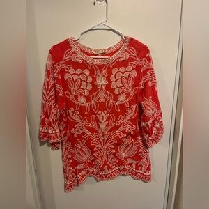 Solitaire Embroidered Top Womens Top Large Scalloped Hem‎ Puff Sleeve Coral Boho